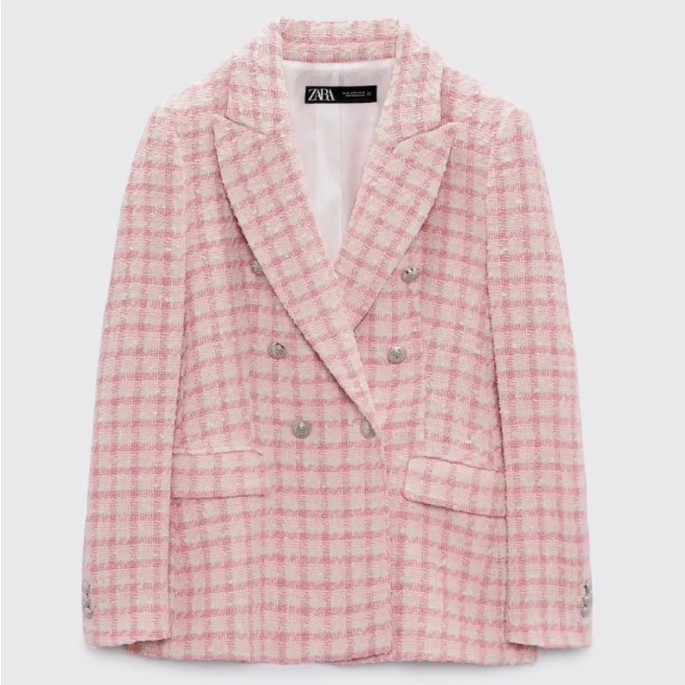 Pink Check Tweed Double-Breasted Blazer - Picture 1 of 9